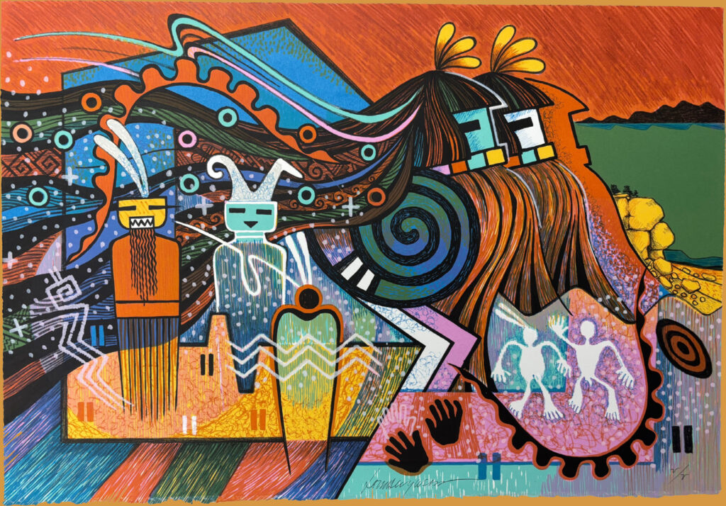 Michael Kabotie / Lomawywesa (Hopi), Kachina Song Blessings, 1986, Lithograph. CSWS permanent collection 1994:04010
