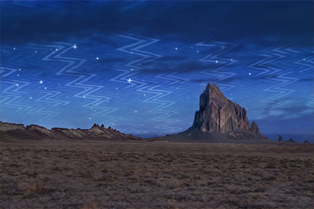 Darby Raymond-Overstreet (Diné), Woven Landscape: Twilight at Tsé Bit’ a’í, 2025, mixed-media/digital collage. Courtesy of the artist